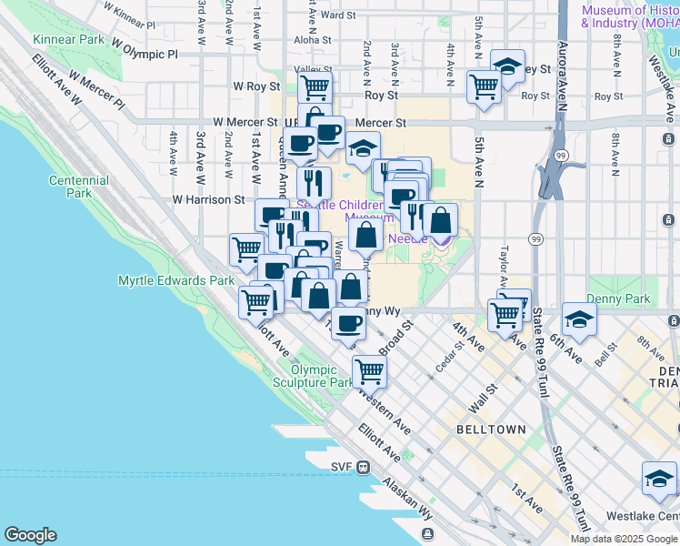 map of restaurants, bars, coffee shops, grocery stores, and more near 232 Warren Avenue North in Seattle