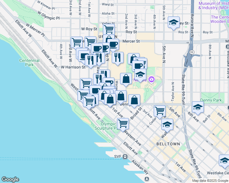 map of restaurants, bars, coffee shops, grocery stores, and more near in Seattle