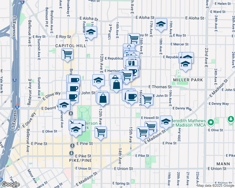 map of restaurants, bars, coffee shops, grocery stores, and more near 1321 East John Street in Seattle
