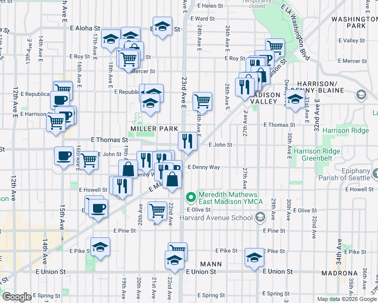 map of restaurants, bars, coffee shops, grocery stores, and more near in Seattle