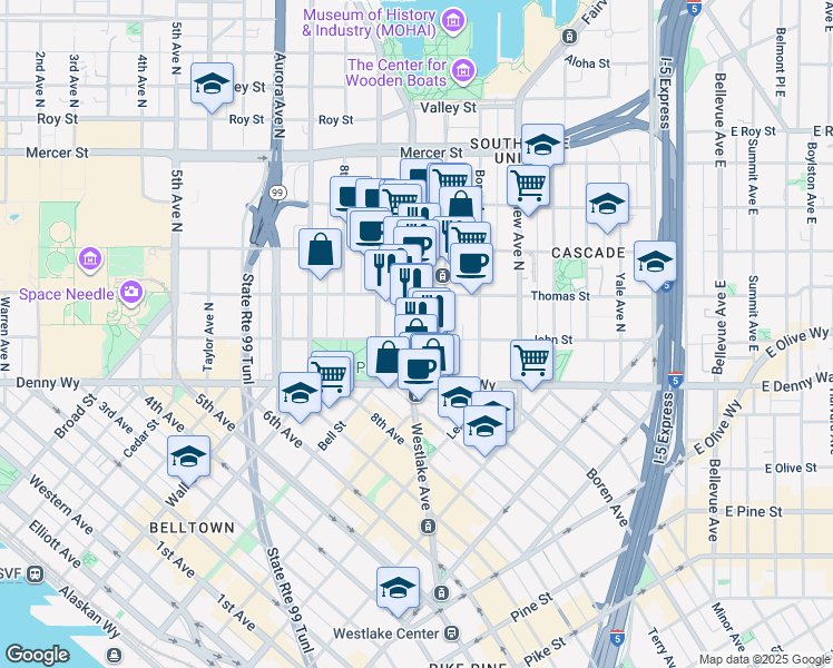map of restaurants, bars, coffee shops, grocery stores, and more near 202 Westlake Avenue North in Seattle
