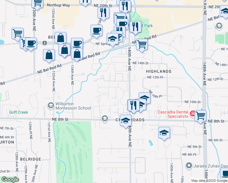 map of restaurants, bars, coffee shops, grocery stores, and more near 13700 Northeast 10th Place in Bellevue