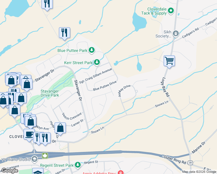 map of restaurants, bars, coffee shops, grocery stores, and more near 103 Blue Puttee Drive in St. John's