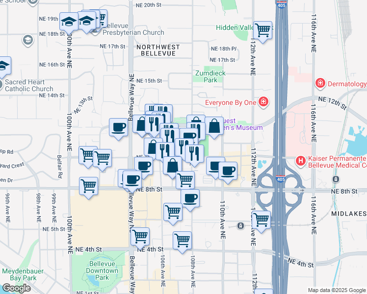 map of restaurants, bars, coffee shops, grocery stores, and more near 1051 108th Avenue Northeast in Bellevue