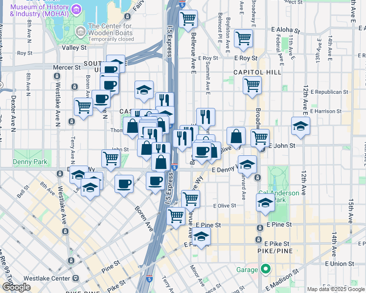 map of restaurants, bars, coffee shops, grocery stores, and more near 150 Melrose Avenue East in Seattle
