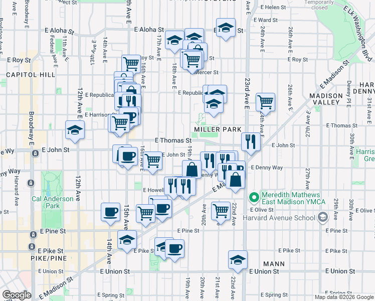map of restaurants, bars, coffee shops, grocery stores, and more near 205 19th Avenue East in Seattle