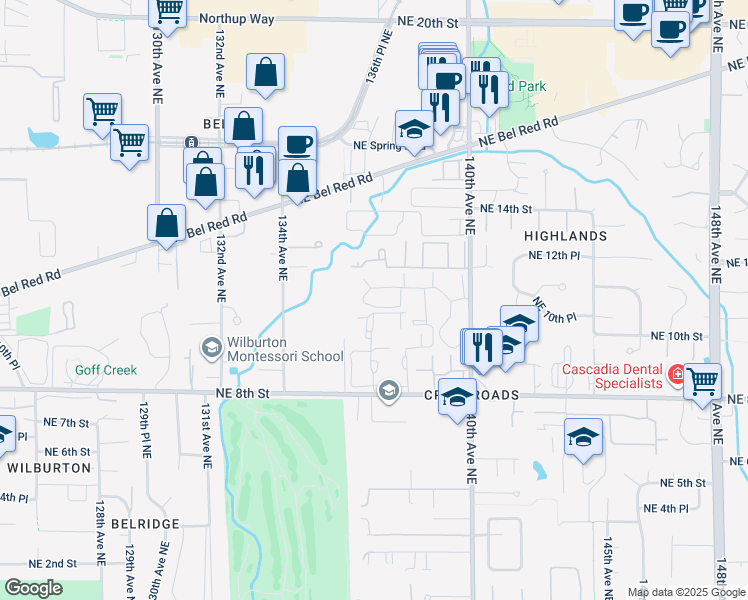 map of restaurants, bars, coffee shops, grocery stores, and more near 13604 Northeast 11th Street in Bellevue