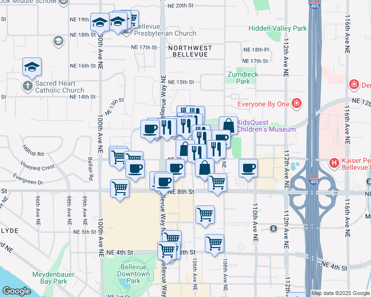map of restaurants, bars, coffee shops, grocery stores, and more near 1120 106th Avenue Northeast in Bellevue