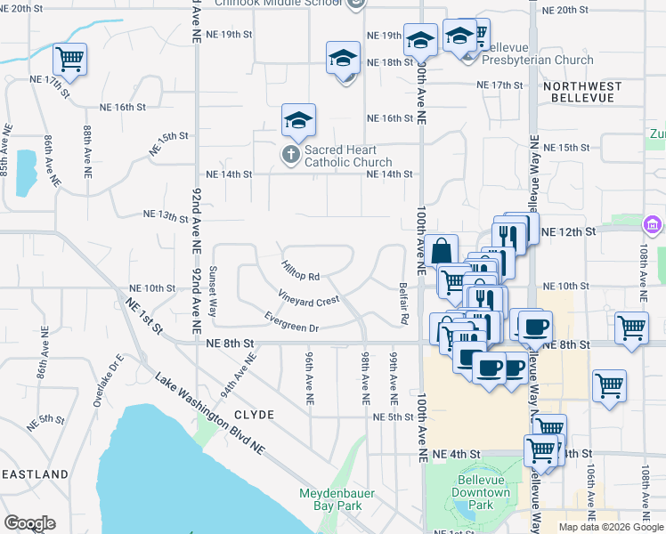 map of restaurants, bars, coffee shops, grocery stores, and more near 9663 Hilltop Road in Bellevue