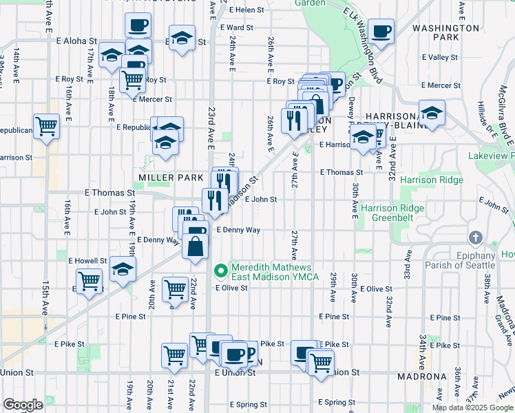 map of restaurants, bars, coffee shops, grocery stores, and more near 206 25th Avenue East in Seattle