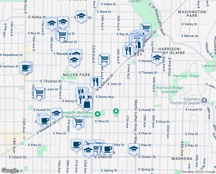 map of restaurants, bars, coffee shops, grocery stores, and more near 202 24th Avenue East in Seattle