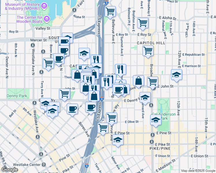 map of restaurants, bars, coffee shops, grocery stores, and more near 170 Melrose Avenue East in Seattle