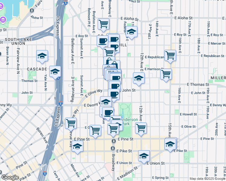 map of restaurants, bars, coffee shops, grocery stores, and more near E John St & Broadway E in Seattle