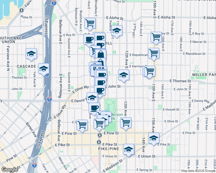 map of restaurants, bars, coffee shops, grocery stores, and more near 10th Ave E & E John St in Seattle