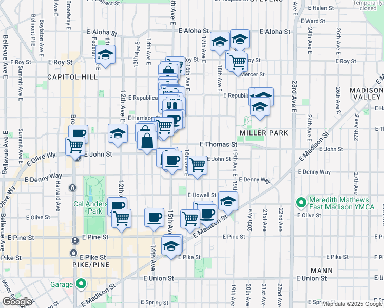 map of restaurants, bars, coffee shops, grocery stores, and more near 1600 East John Street in Seattle