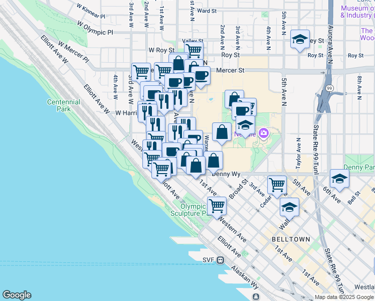 map of restaurants, bars, coffee shops, grocery stores, and more near 22 John Street in Seattle