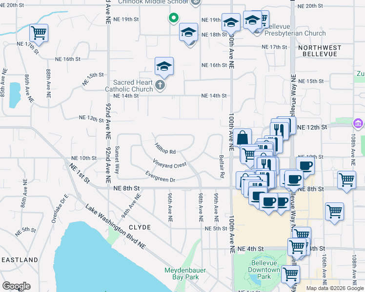 map of restaurants, bars, coffee shops, grocery stores, and more near 9642 Hilltop Road in Bellevue