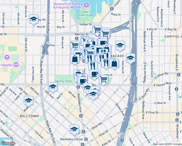 map of restaurants, bars, coffee shops, grocery stores, and more near 201 Boren Avenue North in Seattle