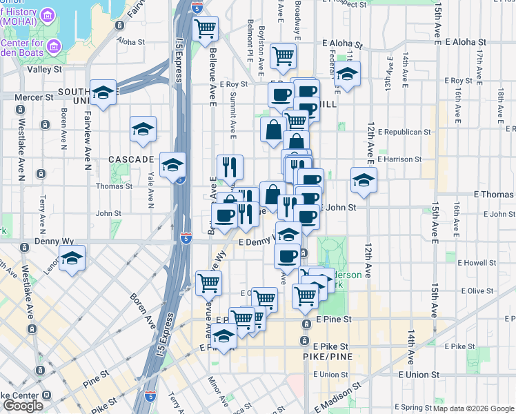 map of restaurants, bars, coffee shops, grocery stores, and more near 219 Boylston Avenue in Seattle