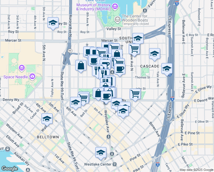 map of restaurants, bars, coffee shops, grocery stores, and more near 120 Westlake Avenue North in Seattle
