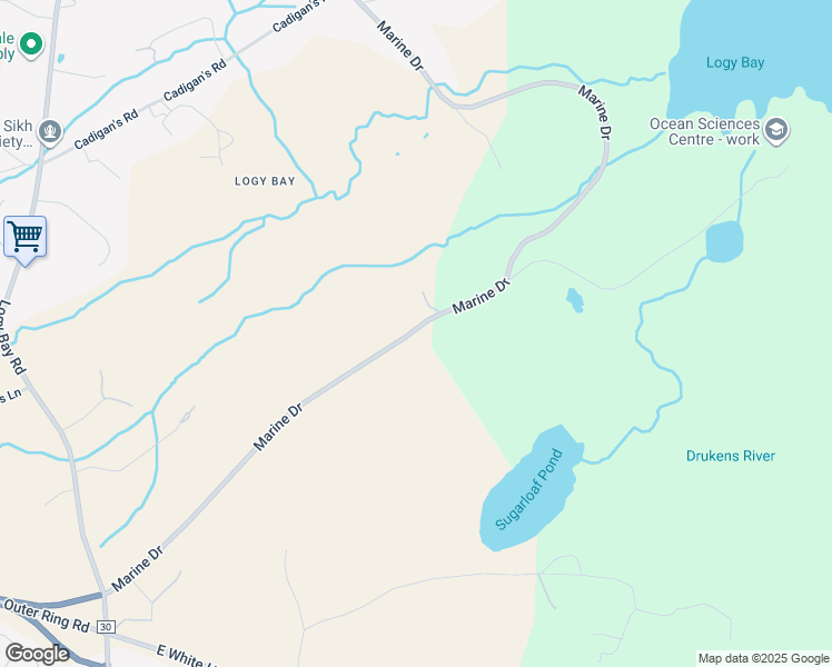 map of restaurants, bars, coffee shops, grocery stores, and more near 142 Marine Drive in St. John's