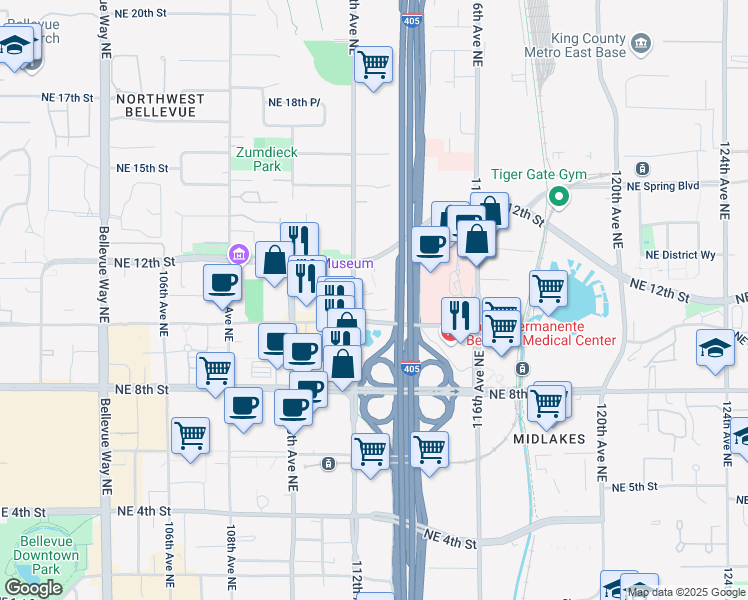 map of restaurants, bars, coffee shops, grocery stores, and more near 1100 112th Avenue Northeast in Bellevue