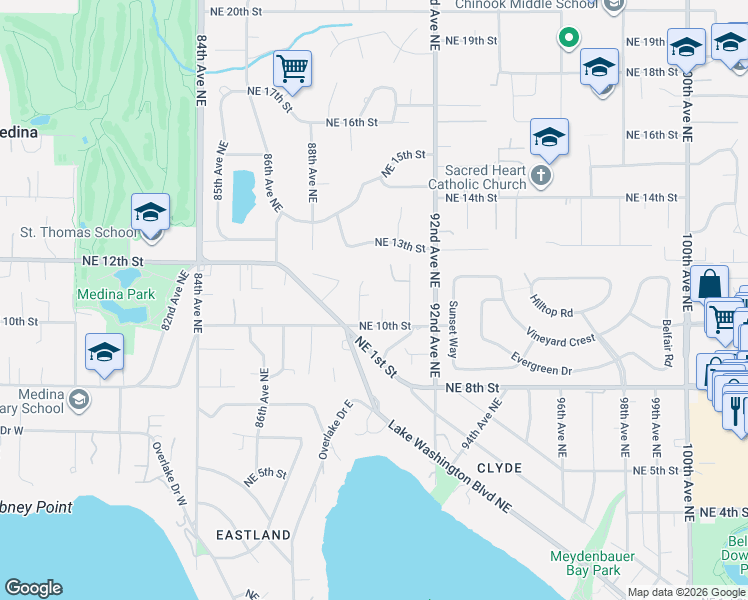 map of restaurants, bars, coffee shops, grocery stores, and more near 1028 89th Avenue Northeast in Bellevue