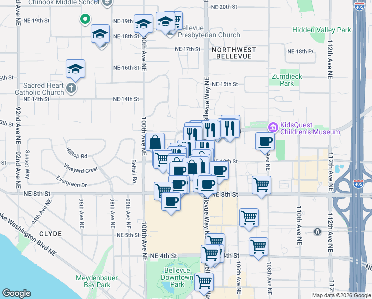 map of restaurants, bars, coffee shops, grocery stores, and more near 100 103rd Avenue Northeast in Bellevue