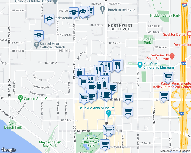 map of restaurants, bars, coffee shops, grocery stores, and more near 1085 103rd Avenue Northeast in Bellevue