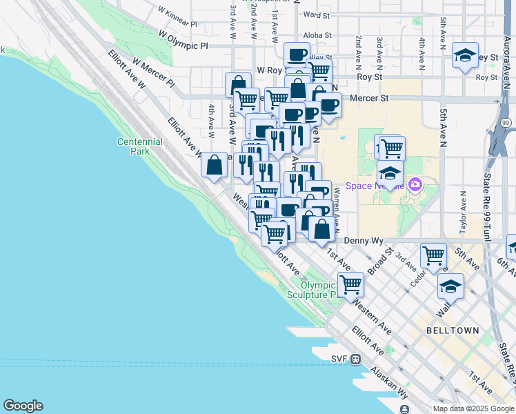 map of restaurants, bars, coffee shops, grocery stores, and more near 206 Western Avenue West in Seattle