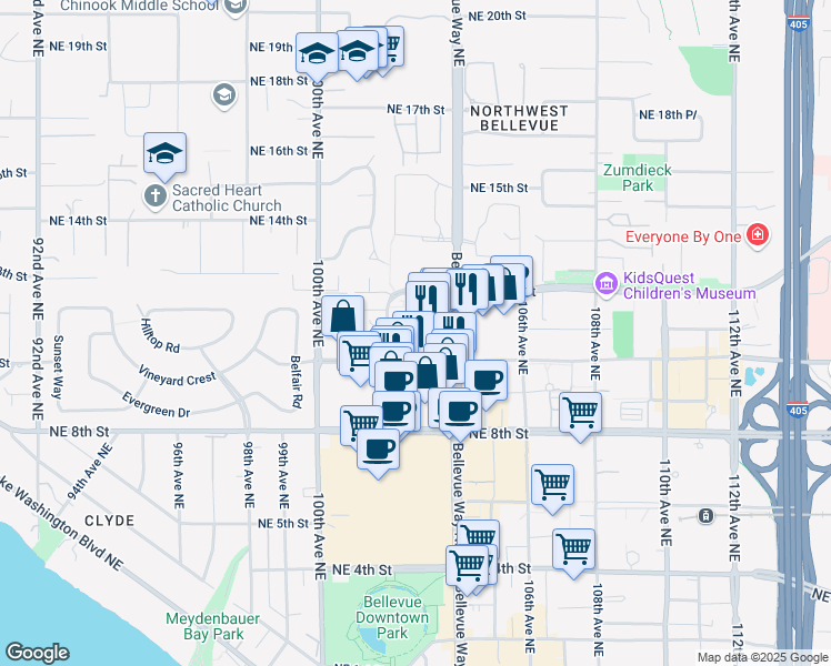 map of restaurants, bars, coffee shops, grocery stores, and more near 1035 103rd Avenue Northeast in Bellevue