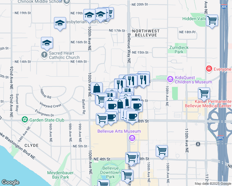 map of restaurants, bars, coffee shops, grocery stores, and more near 1035 103rd Avenue Northeast in Bellevue
