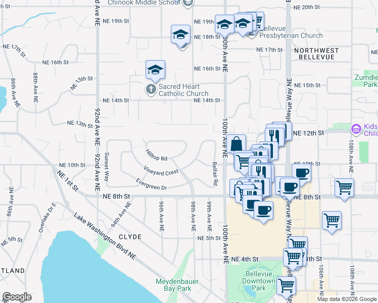 map of restaurants, bars, coffee shops, grocery stores, and more near 9855 Vineyard Crest in Bellevue
