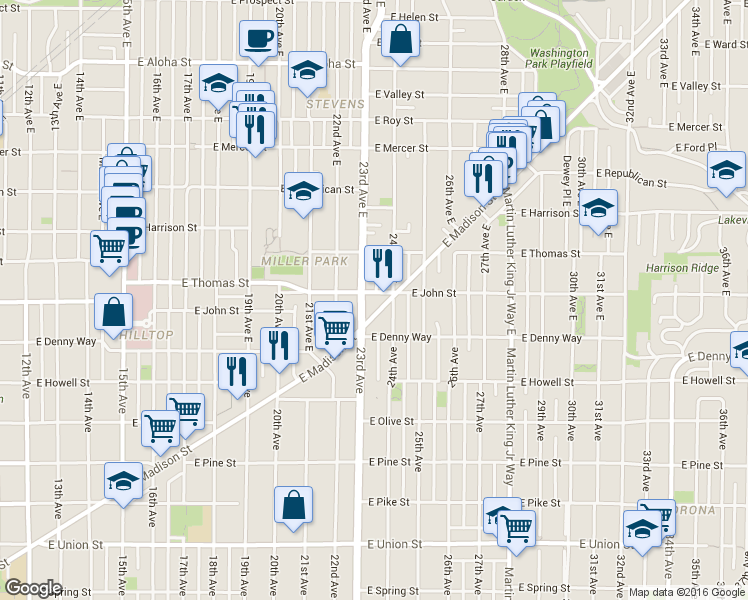 map of restaurants, bars, coffee shops, grocery stores, and more near in Seattle