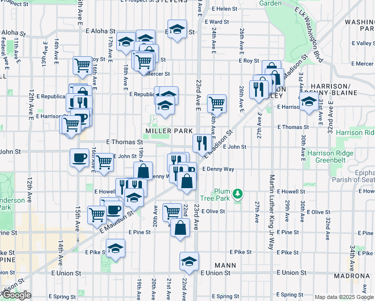 map of restaurants, bars, coffee shops, grocery stores, and more near 207 22nd Avenue East in Seattle