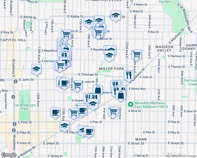 map of restaurants, bars, coffee shops, grocery stores, and more near 300 19th Avenue East in Seattle
