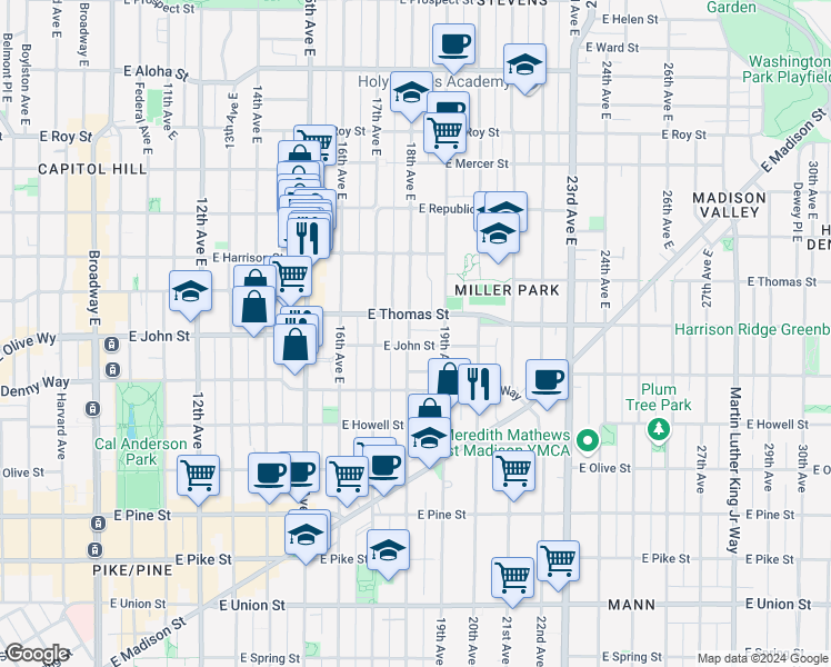 map of restaurants, bars, coffee shops, grocery stores, and more near 302 18th Avenue East in Seattle
