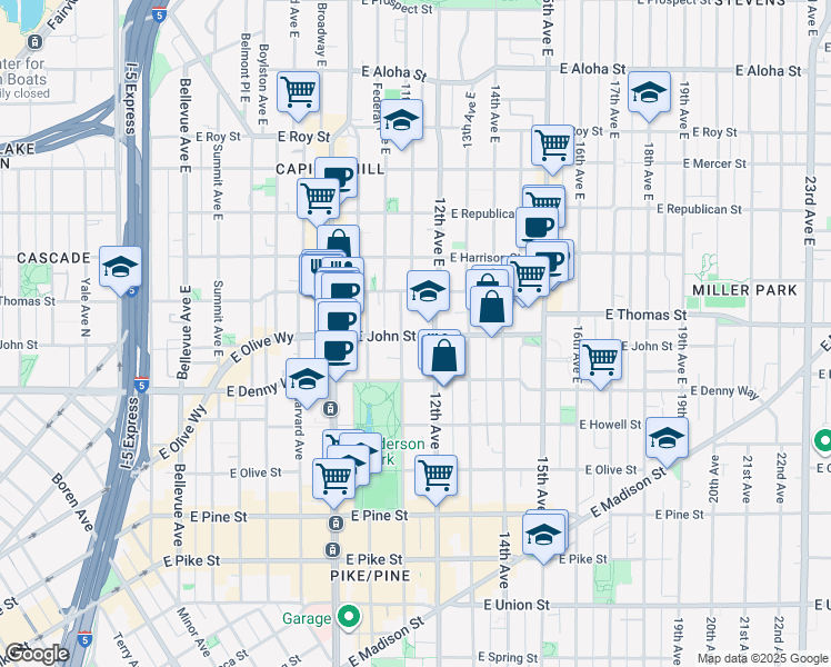 map of restaurants, bars, coffee shops, grocery stores, and more near 215 12th Avenue East in Seattle