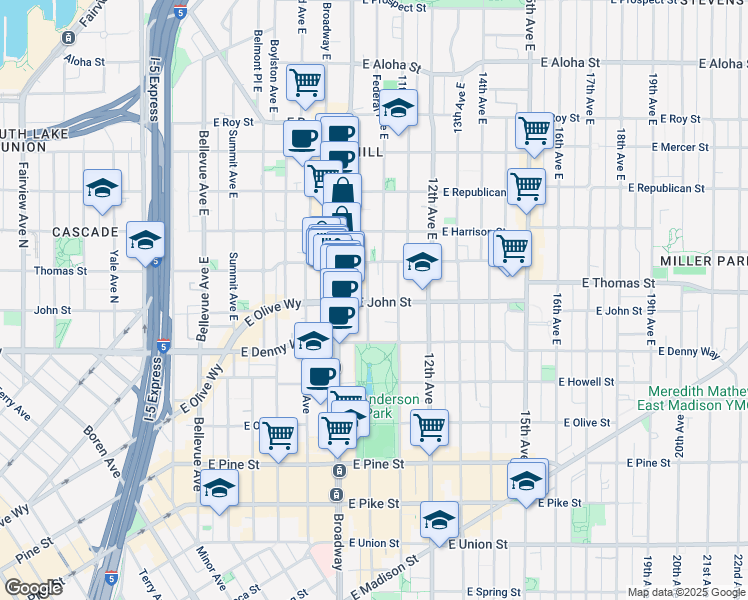 map of restaurants, bars, coffee shops, grocery stores, and more near in Seattle