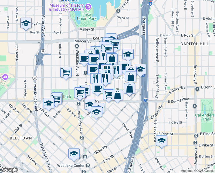 map of restaurants, bars, coffee shops, grocery stores, and more near 230 Fairview Avenue North in Seattle
