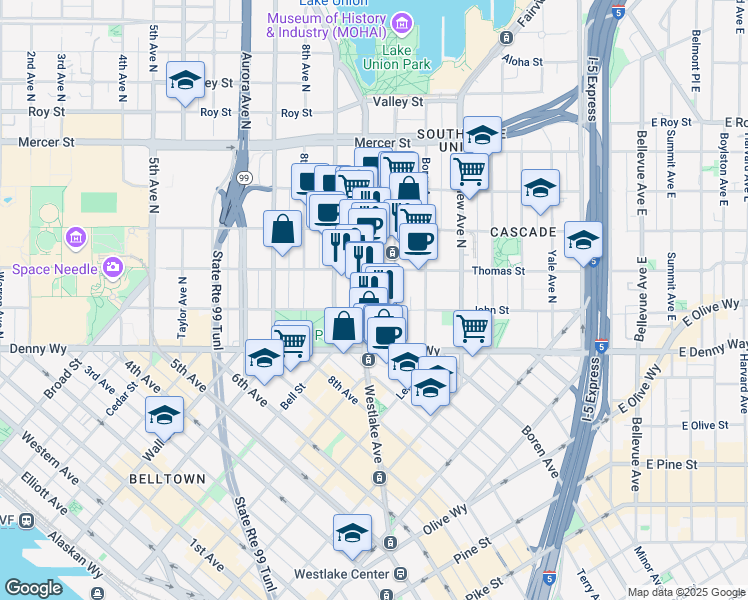 map of restaurants, bars, coffee shops, grocery stores, and more near 210 Westlake Avenue North in Seattle
