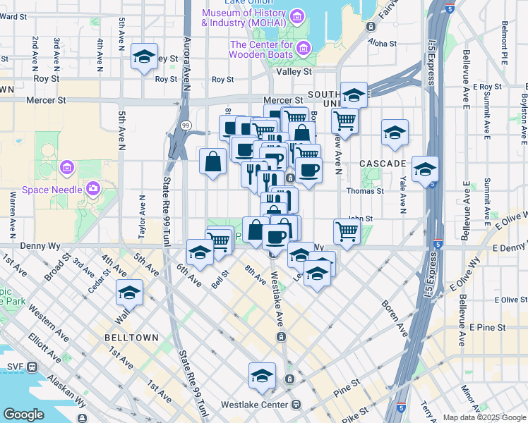 map of restaurants, bars, coffee shops, grocery stores, and more near 210 Westlake Avenue North in Seattle
