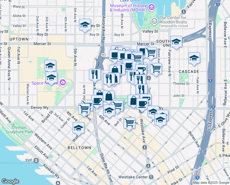 map of restaurants, bars, coffee shops, grocery stores, and more near 285 8th Avenue North in Seattle