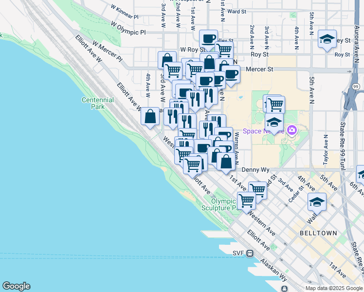 map of restaurants, bars, coffee shops, grocery stores, and more near 206 Western Avenue West in Seattle