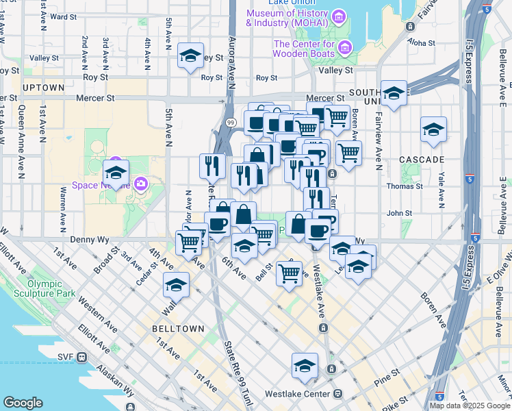 map of restaurants, bars, coffee shops, grocery stores, and more near 756 John Street in Seattle