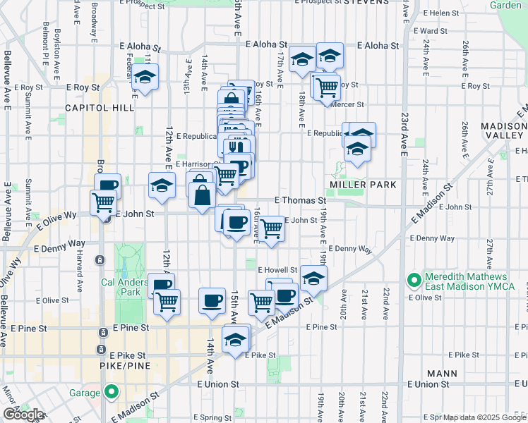 map of restaurants, bars, coffee shops, grocery stores, and more near 1600 East John Street in Seattle
