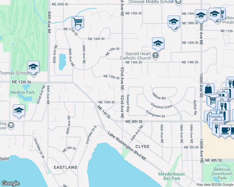 map of restaurants, bars, coffee shops, grocery stores, and more near 1050 91st Avenue Northeast in Bellevue