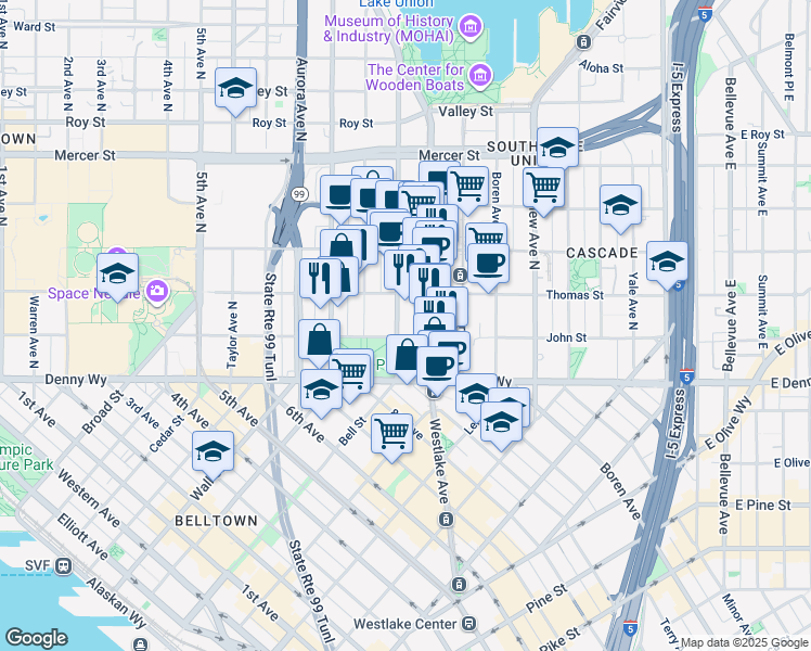 map of restaurants, bars, coffee shops, grocery stores, and more near in Seattle