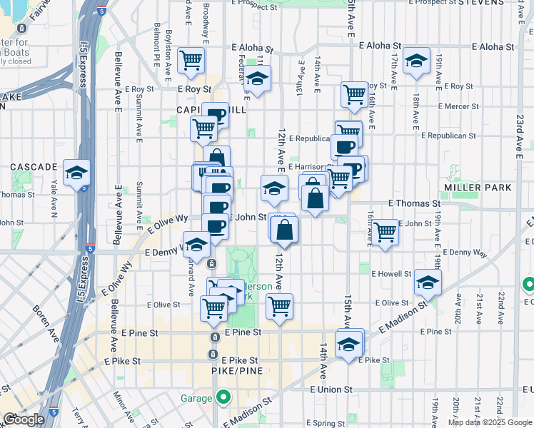 map of restaurants, bars, coffee shops, grocery stores, and more near 215 12th Avenue East in Seattle