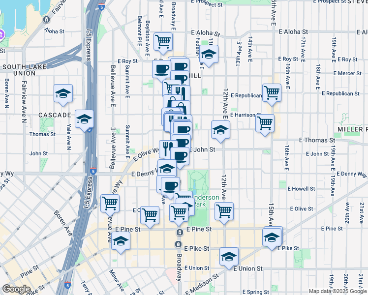 map of restaurants, bars, coffee shops, grocery stores, and more near 200 Broadway East in Seattle